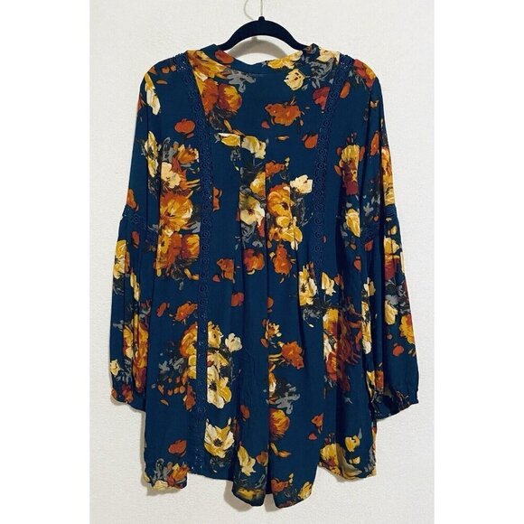 Blu Pepper Top Womens Large Navy Blue Boho Floral Lace Trim Hi Low Hem Peasant - Picture 6 of 10